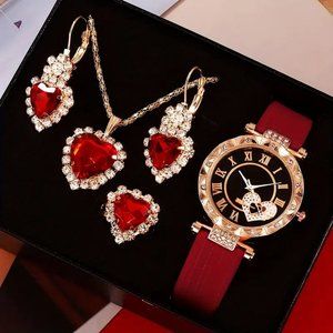 5pcs/set Women's Watch Cute Heart Quartz Watch Elegant Rhinestone Analog Watch